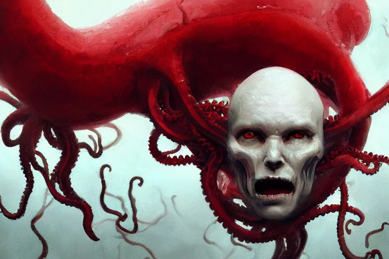 Image similar to painting by greg rutkowski of a flying human head and face that is chalk white in color, with tentacles coming of the neck, red eyes, flying in a terrying hell like cavernous place