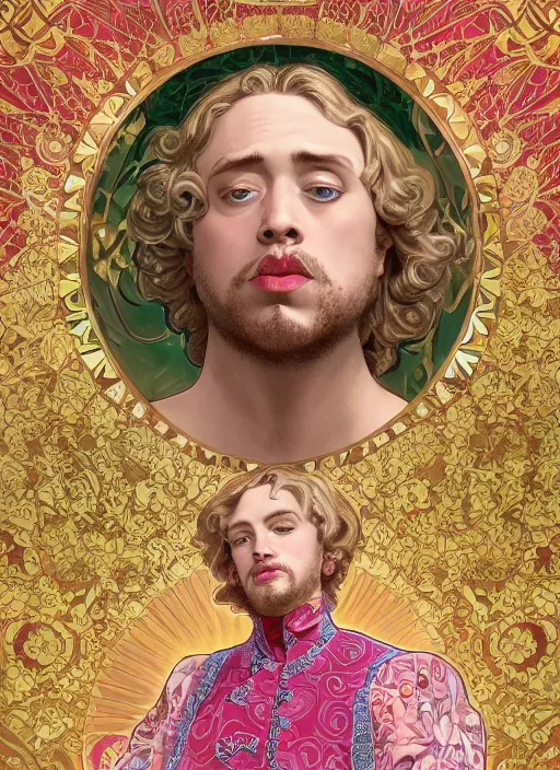 Image similar to Sam Hyde as magical prince, sigma and gigachad, big red eyes, peaceful expression, fantasy, intricate pink and gold ornate suit, modeling for Dulce and Gabanna, accurately portrayed, portrait art by James Jean and Alphonse mucha, highly detailed, digital painting, concept art, illustration, multiversal paradise shining rgb luxurious lights, trending on artstation, very detailed, smooth, sharp focus, octane render, close up