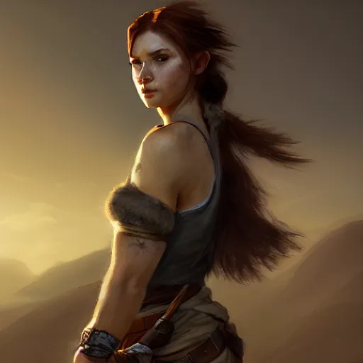 Prompt: fantasy concept art, wide angle, young woman, auburn hair, athletic, slavic features, clean face, serious demeanor, tomb raider, desert background, in the style of ruan jia, high detail, uplit, 8 k