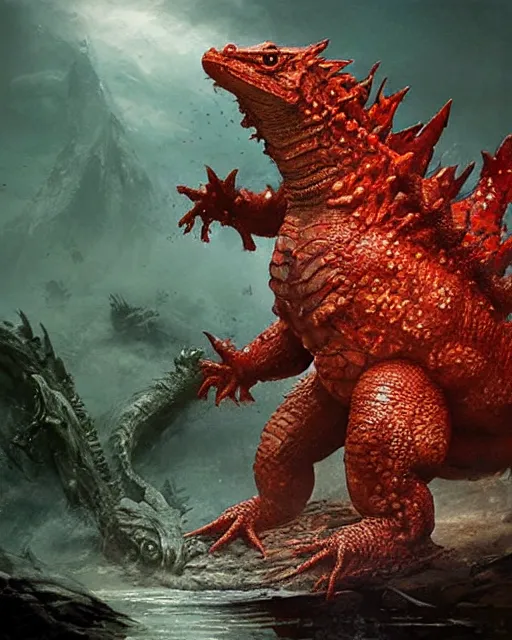 Image similar to Godzilla-like game character beautiful giant kaiju sized pond dragon half fish half salamander, wet amphibious skin, red salamander, aquatic axolotl creature by Ruan Jia and Gil Elvgren, fullbody