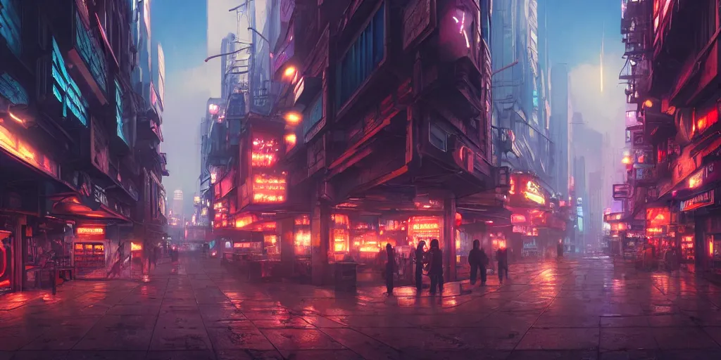 Image similar to Wide angle shot of a matte painting environment design of future city alley with neon lights and advertisements, artstation, ultra realistic, volumetric lighting, 8k, unreal engine, octane render, art by Artgerm and Greg Rutkowski and Alphonse Mucha and Yoji Shinkawa