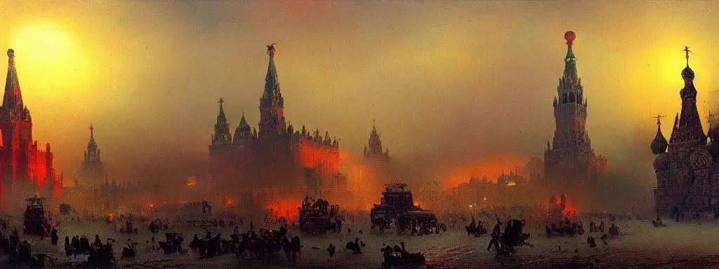 Prompt: alien predator attacks moscow red square. extreme long shot. post-apocalyptic art by Aivazovsky. high detail