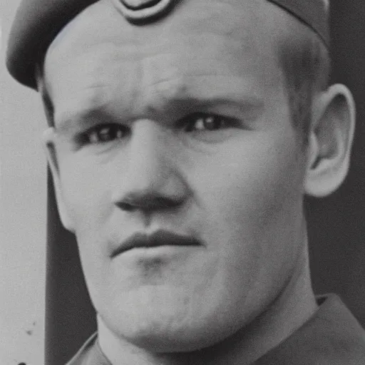 Prompt: Gordon Ramsay as a soldier in WW2, grainy monochrome photo