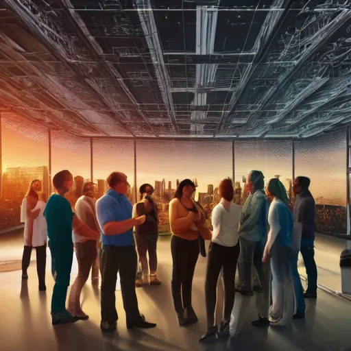 Image similar to large group people in open warehouse, looking at hologram of futuristic city on a table, cinematic still, godrays, golden hour, natural sunlight, 4 k, clear details, tabletop model buildings, tabletop model, ethereal hologram center, crane shot, crane shot, crane shot