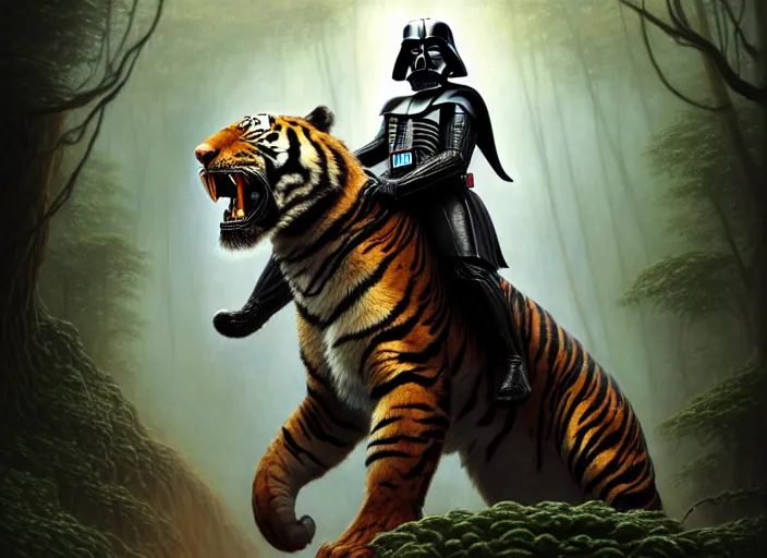 Image similar to romantic portrait shot of darth vader riding a tiger through the jungle intricate, elegant, highly detailed, centered, digital painting, artstation, concept art, smooth, sharp focus, illustration, artgerm, tomasz alen kopera, peter mohrbacher, donato giancola, joseph christian leyendecker, wlop, boris vallejo