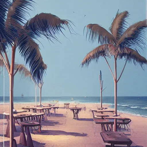 Image similar to inside restaurant at the beach with palm trees by simon stalenhag