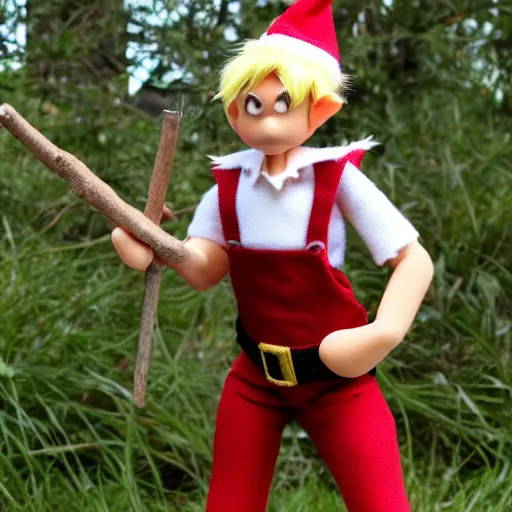 Image similar to an elf with spiky blonde hair wearing tan overalls and holding a stick of dynamite