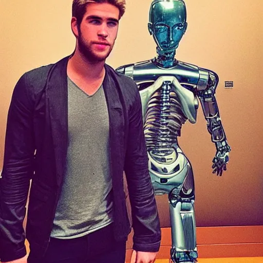 Image similar to “a realistic detailed photo of a guy who is an attractive humanoid who is half robot and half humanoid, who is a male android, actor Liam Hemsworth, shiny skin, posing like a statue, blank stare, at the museum, on display”