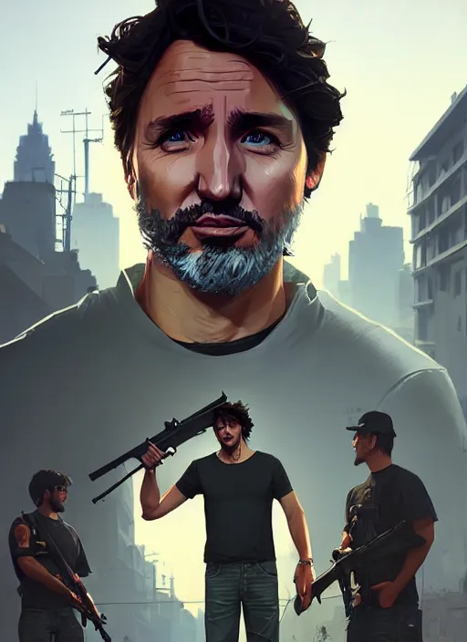 Image similar to highly detailed portrait justin trudeau in street gang attire holding ar - 1 5! in gta v stephen bliss unreal engine fantasy art by greg rutkowski loish rhads ferdinand knab makoto shinkai lois van baarle ilya kuvshinov rossdraws tom bagshaw global illumination radiant light detailed intricate environment