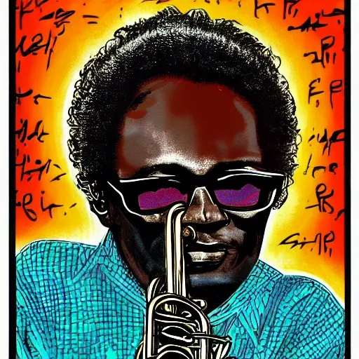 Image similar to miles davis in the style of daniel johnston and ghanian film poster, 4k