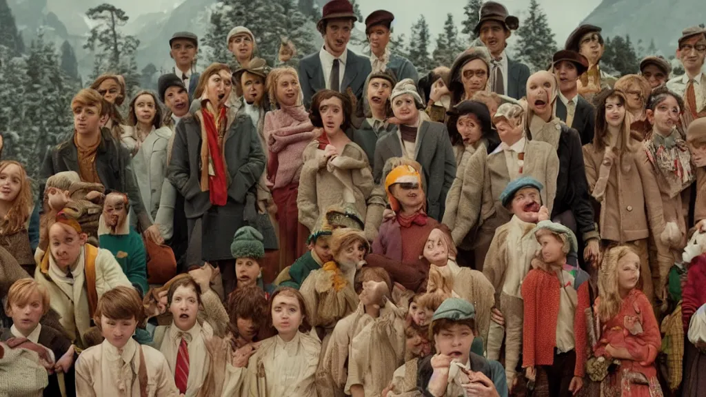 Prompt: A still from a Wes Anderson movie where the Pied Piper is luring hundreds of kids up a hill, long shot