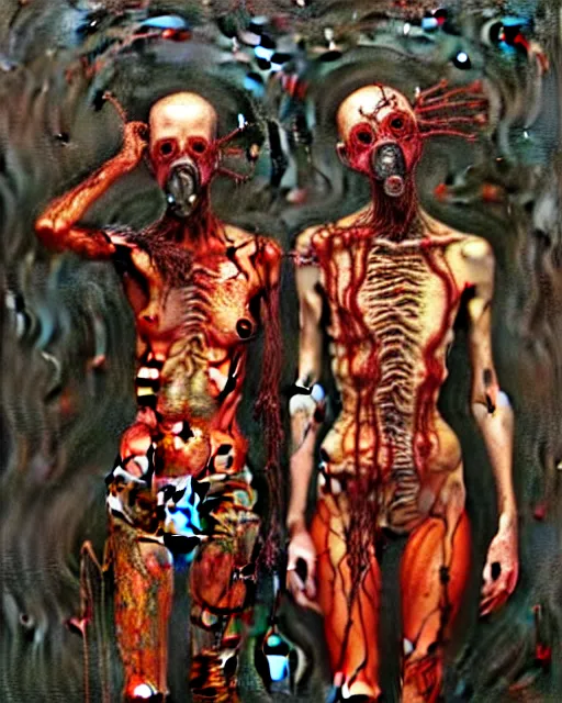 Prompt: two skinny zombies with guts, wearing gas masks, cinematic, dystopian, eerie, horror, gothic, draped in gold, black and red, highly detailed painting by !!!Jenny Saville!!!, Esao Andrews, (((Francis Bacon))), Edward Hopper, surrealism, art by Takato Yamamoto and James Jean