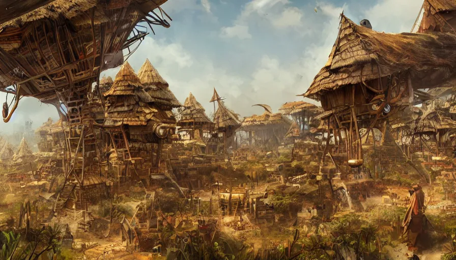 Image similar to An old flying village in Africa, hyperdetailed, artstation, cgsociety, 8k