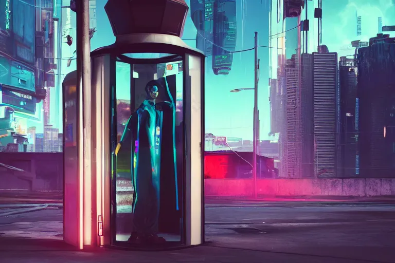 Image similar to a person jumping in the air in front of a phone booth, cyberpunk art by beeple, cgsociety contest winner, retrofuturism, octane render, concept art, dystopian art