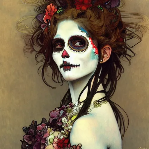 Image similar to realistic detailed painting of a cute punk Día de los Muertos girl by Alphonse Mucha Egon Schiele Ayami Kojima Amano Charlie Bowater, masterpiece