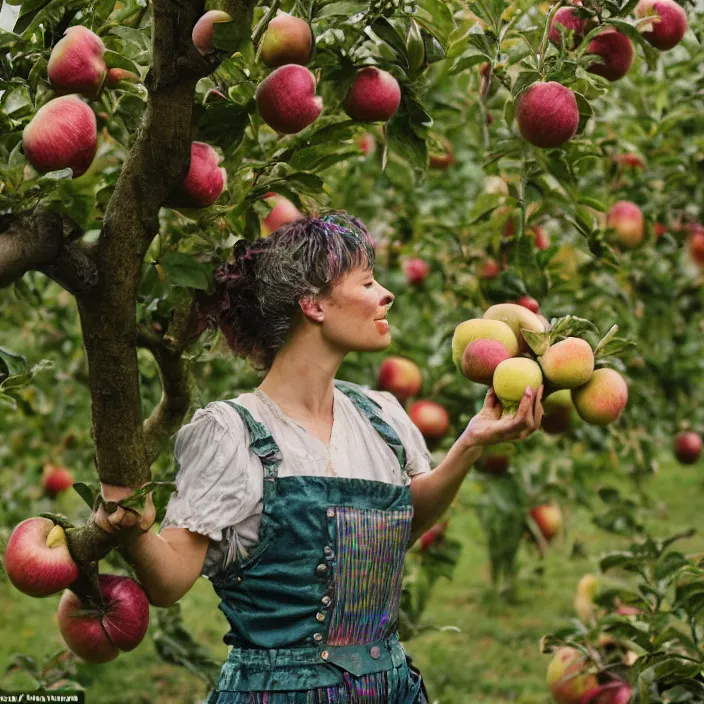 Prompt: a closeup portrait of a woman wearing a muddy iridescent holographic lederhosen, picking apples from a tree in an orchard, foggy, moody, photograph, by vincent desiderio, canon eos c 3 0 0, ƒ 1. 8, 3 5 mm, 8 k, medium - format print