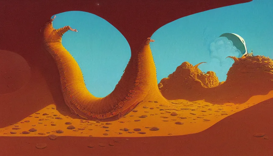 Image similar to a giant sandworm bursting out of the sand on a mountainous desert planet, by roger dean, by dean ellis, by moebius, oil on canvas, highly detailed, soft lighting