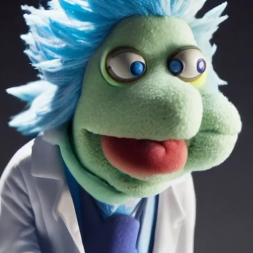 Prompt: rick sanchez with blue hair, wearing a white lab coat as a muppet. hyper real. 4 k. very detailed.