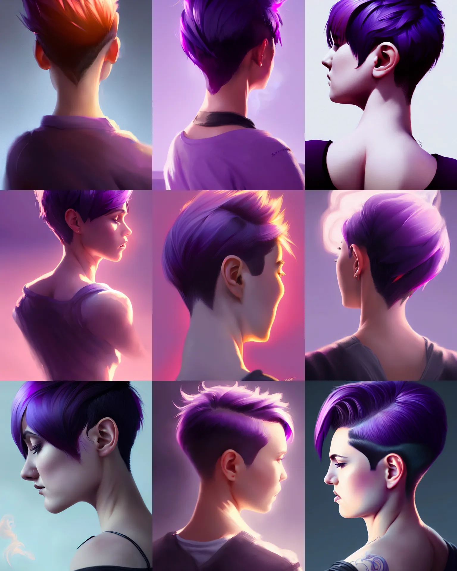 Prompt: Back Portrait of attractive young adult female, pixie undercut hairstyle, black to purple fade hairstyle, wispy smoke in the air, cinematic rim light, highly detailed, digital painting, artstation, concept art, sharp focus, illustration, art by WLOP and greg rutkowski