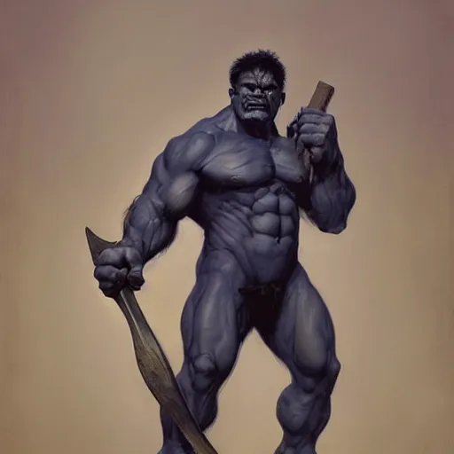 Image similar to artstation concept a midnight blue hulk holding an axe, dusty brown background, grotesque face, hyperdetailed, artstation trending, world renowned artists, worth 1 0 0 0. com, historic artworks society, antique renewel, cgsociety, by greg rutkowski, by gustave dore, deviantart