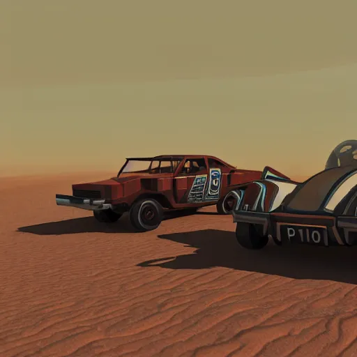 Image similar to vintage cars race on mars, lowpoly, 3 d