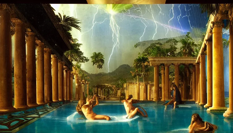 Image similar to From Inside the giant Palace, mediterranean balustrade and columns line, refracted sparkles, thunderstorm, greek pool, beach and Tropical vegetation on the background major arcana sky and occult symbols, by paul delaroche, hyperrealistic 4k uhd, award-winning, very detailed paradise