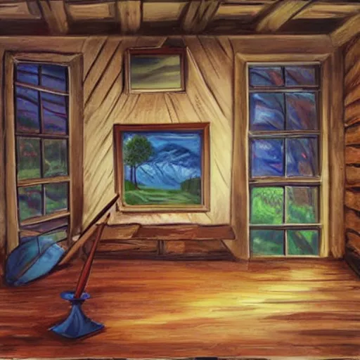 Prompt: a bob ross painting of the inside of a house