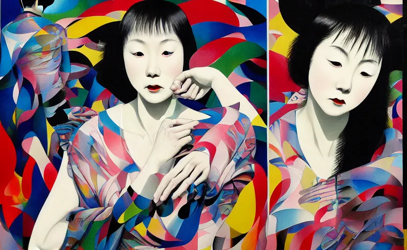 Image similar to decollage painting young japanese actress chased by unconsciousness fear by adrian ghenie and takato yamamoto and edward hopper and mark ryden and tsutomu nihei, part by bridget riley, acrylic pour and splashing paint, very coherent, baroque elements, perfect anatomy, intricate design. pop art.