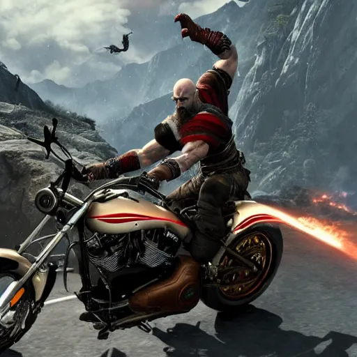 Prompt: kratos, jumping a black harley - davidson motorcycle off a cliff, cinematic render, playstation studios official media, god of war 2 0 1 8