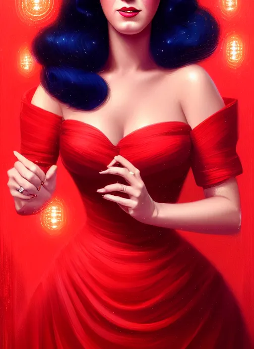 Prompt: portrait of katy perry in a red dress, intricate, elegant, glowing lights, highly detailed, digital painting, artstation, concept art, smooth, sharp focus, illustration, art by wlop, mars ravelo and greg rutkowski