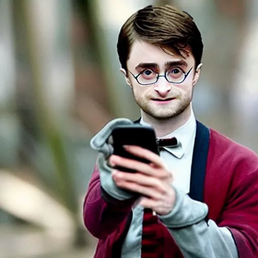Prompt: Photo of Daniel Radcliffe as Harry Potter using a smartphone