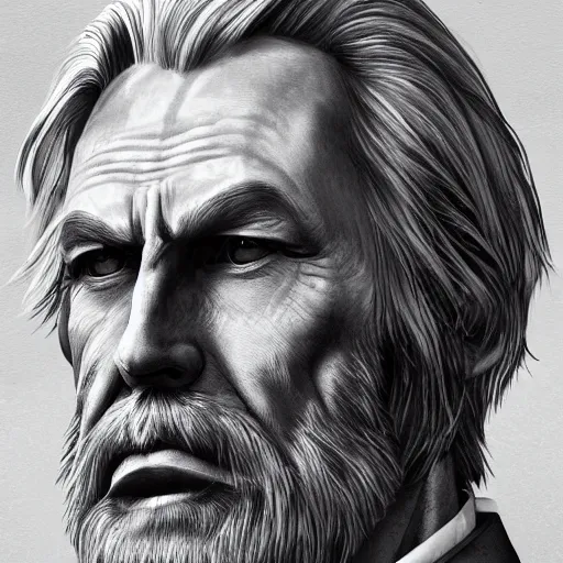 Image similar to old greying flowing hair handsome man with high collar fantasy, symmetrical beautiful, portrait, painting, trending on artstation