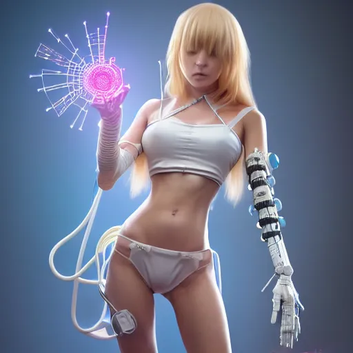 Prompt: cute nurse girl wearing bikini nurse armor holding a digital syringe, a virus nebula, biomechanical limbs, flesh torso, cyberpunk, photorealistic, 3 d render, daz 3 d, alphonse mucha and moebius and artgerm and greg rutkowski and hajime soriyama, ultra detailed, hyper realistic, octane render, trending on artstation