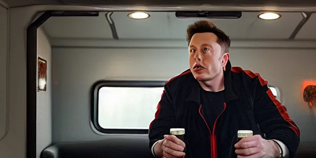 Image similar to full distant shot of bald elon musk in a tracksuit drinking beer in the couch in a dirty trailer, by ken loach