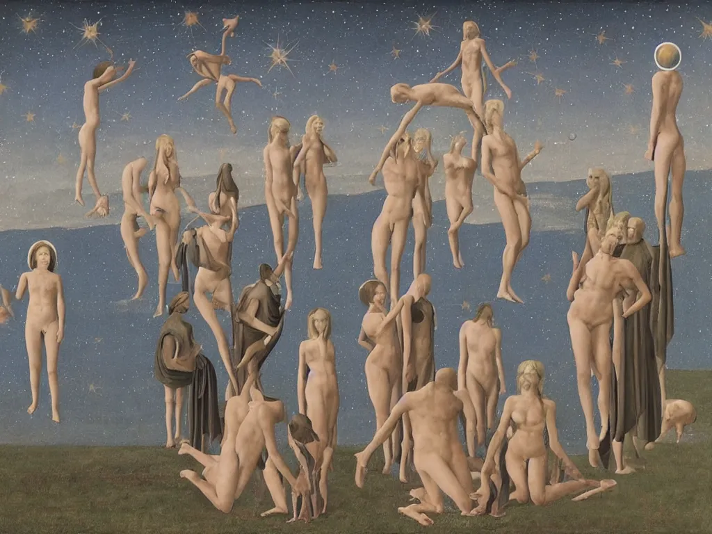 Image similar to Saint star-gazing. Devil is tempting him with cloaked maidens. Painting by Alex Colville, Piero della Francesca