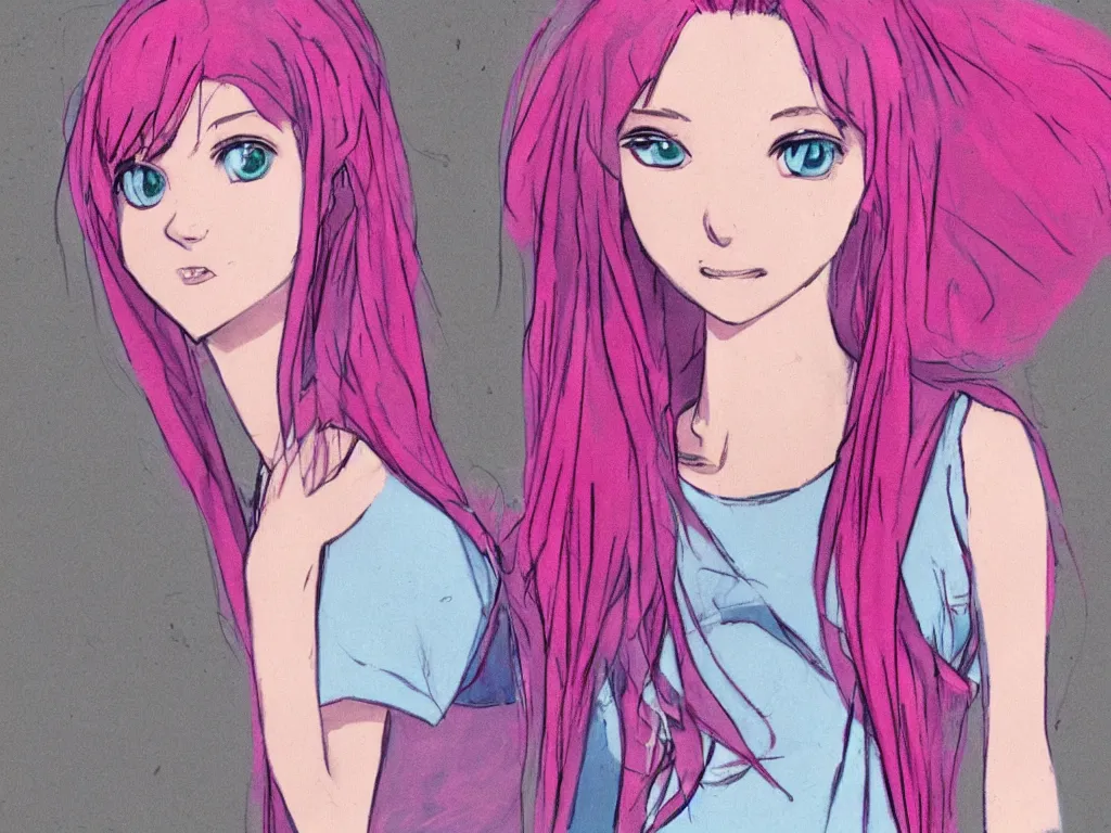 Prompt: concept art for the main character in the award winning film named life is better in pink. the character is a unnaturally attractive teenage girl with deep blue eyes and pink dyed hair, wearing only light pink clothes.