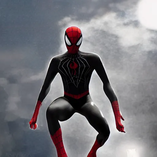 Image similar to black spider - man suit with white web lining, cinematic, volumetric lighting, realistic, hyperdetailed, photorealistic, photograph