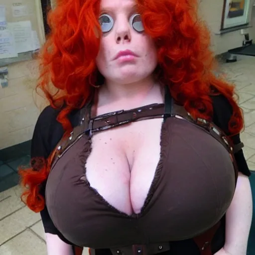 Image similar to redhead steampunk scientist's body is accidentally inflated by experiment gone wrong.