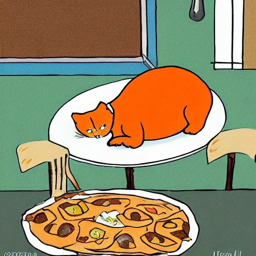 Image similar to fat orange cat on a table with lasagna new yorker cartoon