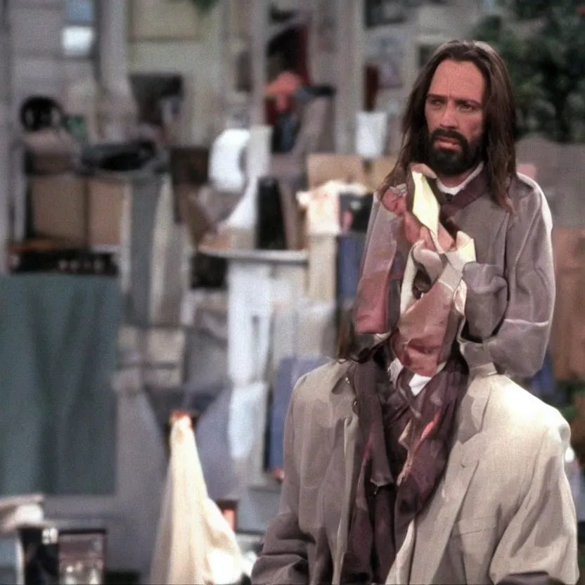 Prompt: still of Jesus Christ in 1990s fashion, from TV Series Seinfeld (1994)