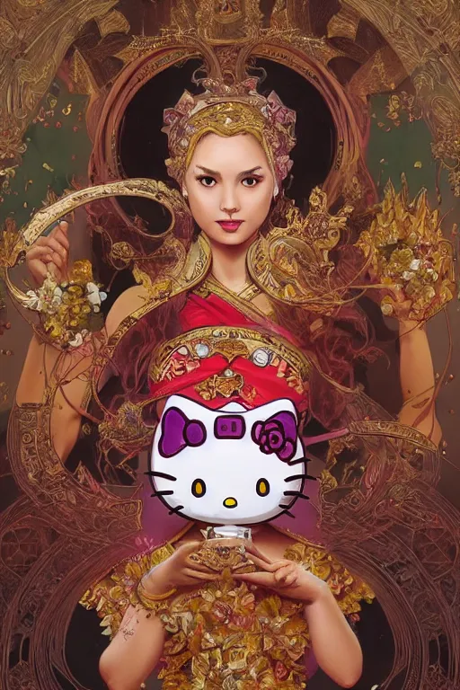 Image similar to portrait of Hello Kitty in ancient Java as \'Death\' tarot card design, D&D, MtG art,fantasy, intricate, elegant, highly detailed, digital painting, artstation, concept art, smooth, sharp focus, hyperrealistic,illustration, art by artgerm and greg rutkowski and alphonse mucha