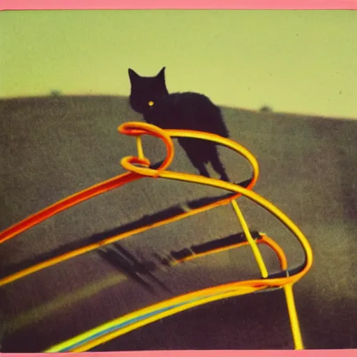 Image similar to black cat in a rollercoaster. the cat looks happy. sunny landscape. the rollercoaster has a looping. polaroid. technicolor.