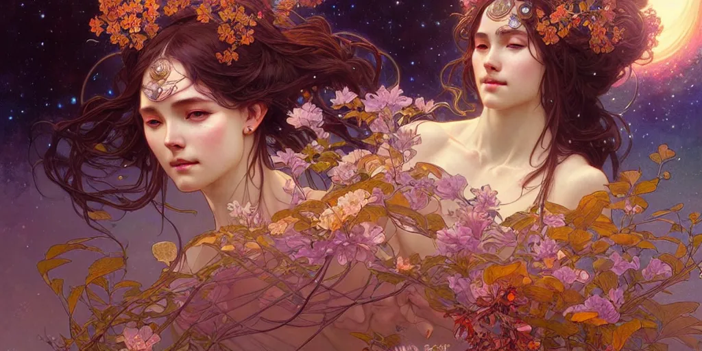 Image similar to a beautiful illustration of a cosmic goddess, intricate, sharp focus, illustration, highly detailed, digital painting, concept art, matte, art by wlop and artgerm and greg rutkowski and alphonse mucha, masterpiece