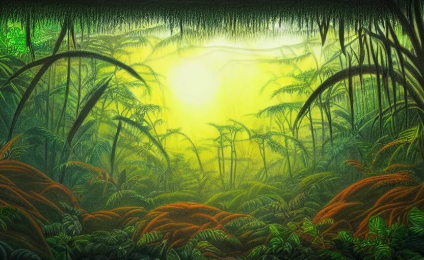 Prompt: a beautiful color pencil drawing of a prehistoric rainforest, lush flora, dark green, orange, intricate detail, sunset, hazy, volumetric lighting, 8 k, ultrarealistic, trending on artstation