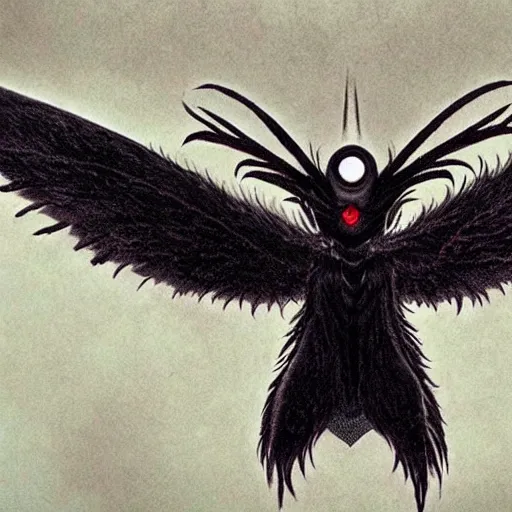 Image similar to photo of mothman with giant wings, cel animation by Junji Ito and Satoshi Kon, professionally post-processed , beautiful, scary, symmetry accurate features, epic, octane rendered, anime masterpiece, accurate