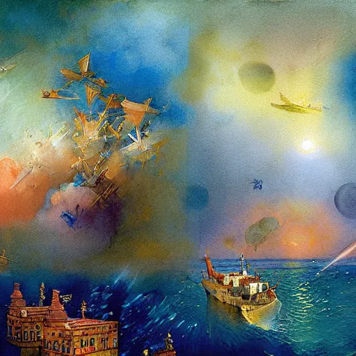 Prompt: numerical symetrical misty galaxy cube pigeon convertible basin can, by ivan aivazovsky and marc chagall and albrecht durer, watercolor, parallax, panorama