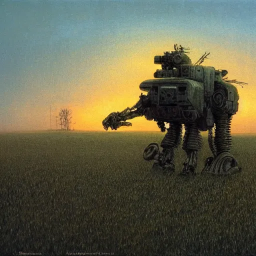 Prompt: a battlemech standing in a field at sunset by Beksinski