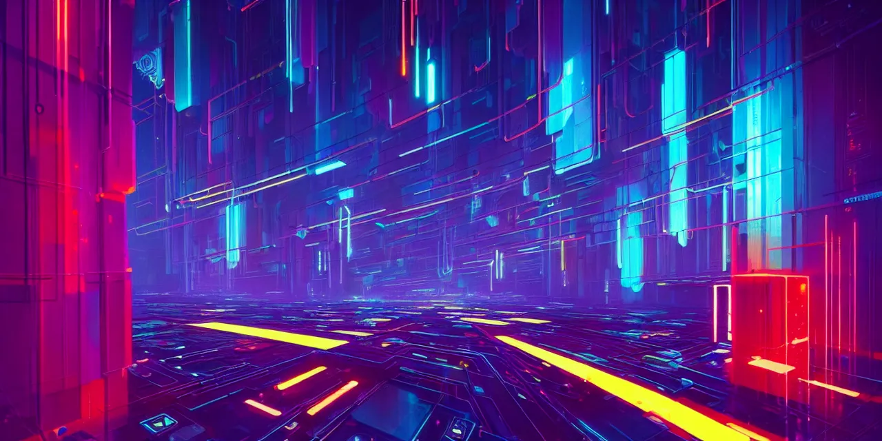 Prompt: a chain of cyberpunk colorful cubes locked and interconnected with glowing tubes, blockchain, symmetry, intricate, volumetric lighting, beautiful, rich deep colors masterpiece, sharp focus, ultra detailed, in the style of john harris