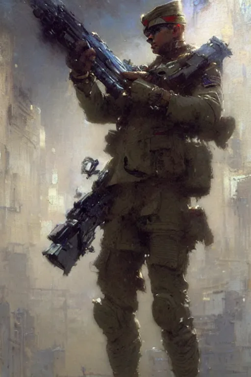 Prompt: futuristic soldier, holding a gun that is a subway sandwich, painting by gaston bussiere, craig mullins, greg rutkowski, yoji shinkawa