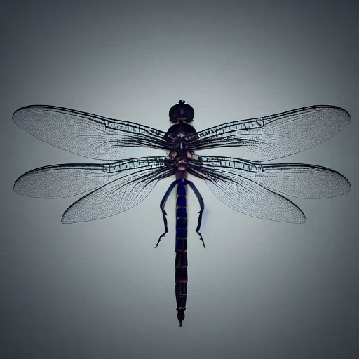 Prompt: Beautiful detailed atmospheric photo of intricate dragonfly, sharp focus, symmetrical composition, octane render, 8k, volumetric lighting, on black background